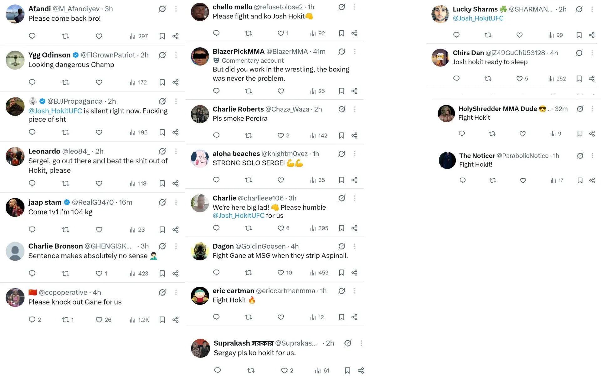 Screengrabs of fan posts, asking Sergei Pavlovich to fight Josh Hokit